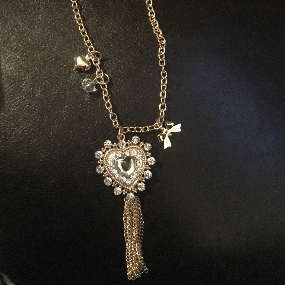Betsey Johnson Gold Colored Heart Necklace with Bow and Tassel